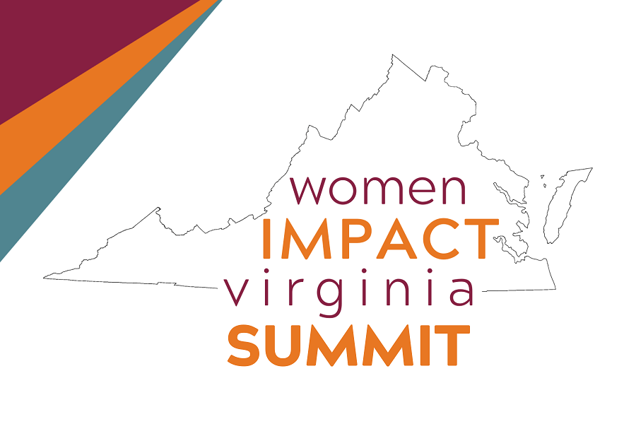 Logo for Women Impact Virginia conference shows the outline of the state of Virginia.